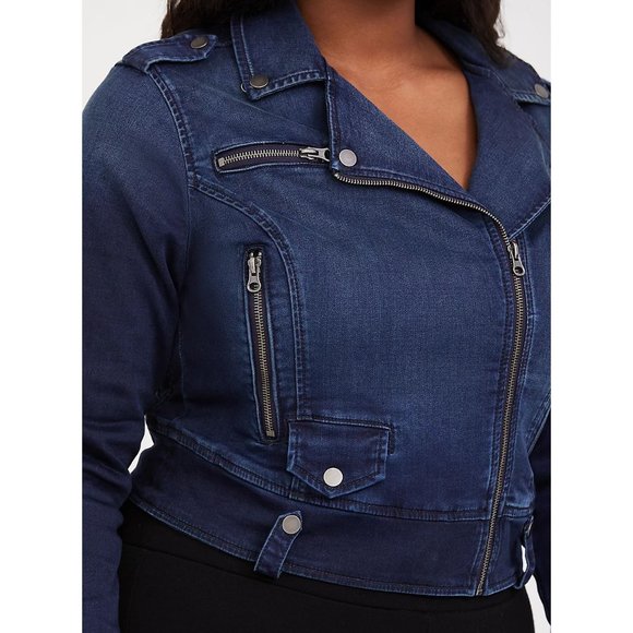TORRID Dark Wash Indigo Stretch Denim Moto Jean Jacket sz 3X Womens Plus Trucker - Picture 4 of 13